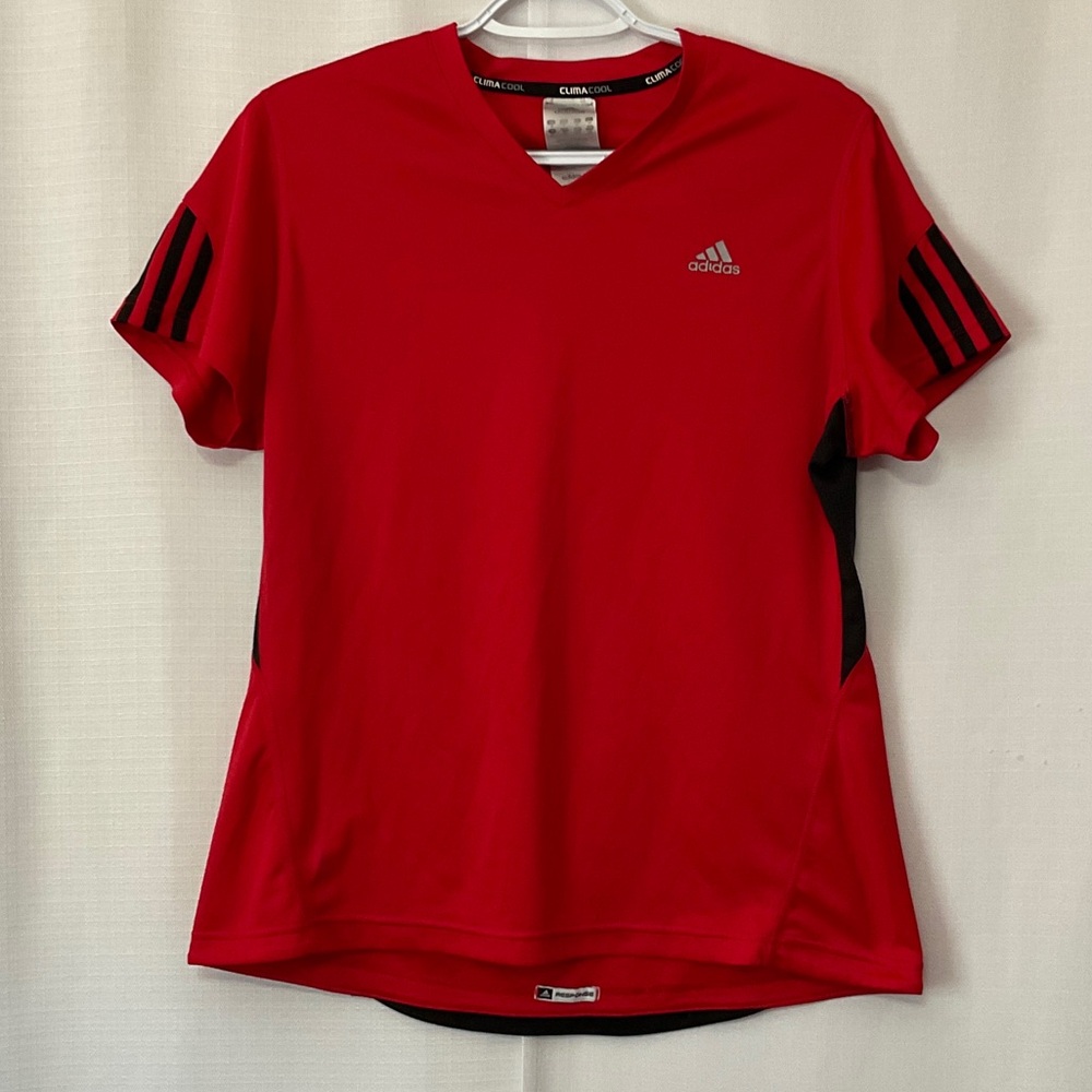 Adidas Red Performance Tee with Black Stripes Women Size L